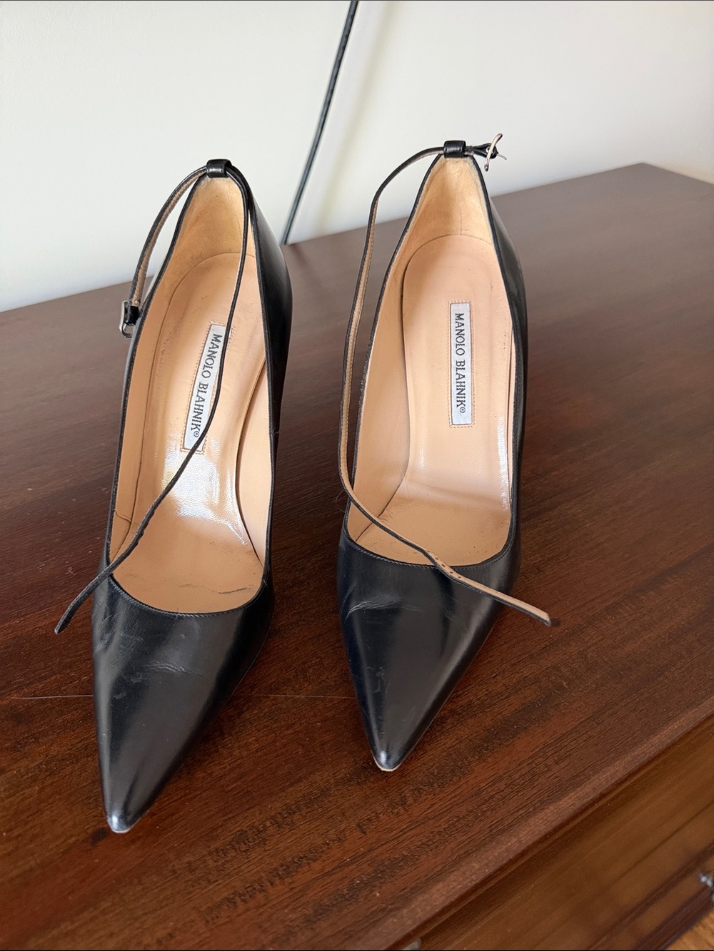 Manolo Blahnik Black Pointed Toe Ankle-Strap Pumps